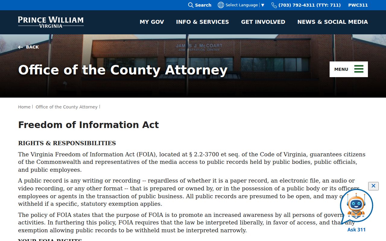 Woodbridge residents directory Prince William County FOIA request information
